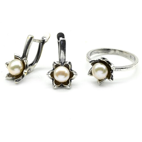 Комплект бижутерии: кольцо, серьги, жемчуг пресноводный, размер кольца 19 комплект бижутерии серьги кольцо жемчуг пресноводный размер кольца 19