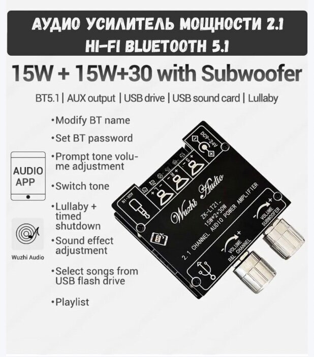 Усилитель мощности звука Bluetooth 5.1 ZK-LT21 2X15 Вт + 30 Вт 2.1 - декодер плата класса d