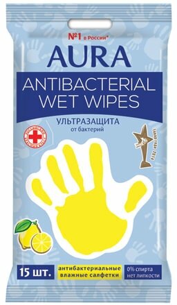 Салфетки влажные Aura 15 шт, "Antibacterial", антибактериальные, "Стикер рука" (3192 (4630))