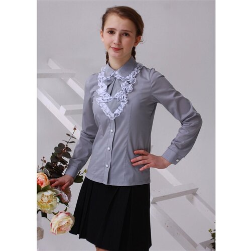 Школьная блуза Polus-club, полуприлегающий силуэт, на пуговицах, длинный рукав, однотонная, размер 152/36, серый