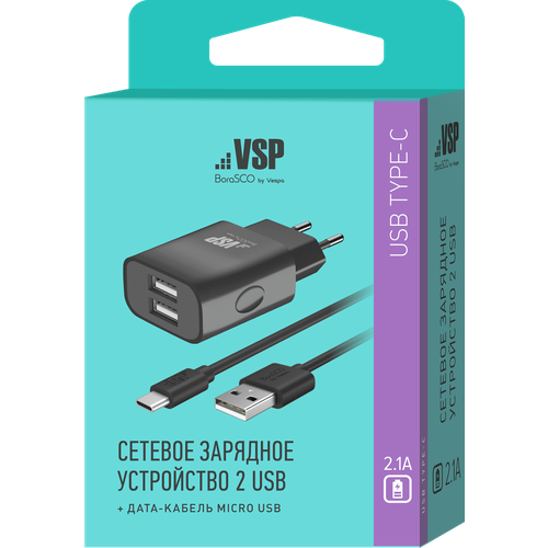 СЗУ адаптер 2 USB 2.1A + Дата-кабель Type-C 2А (100 см) черный, BoraSCO