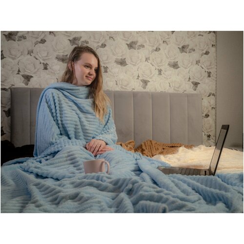 Плюшевый Плед Casa Nuova Велсофт 200*220. Мягкое гипоаллергенное покрывало для кровати и дивана. Небесно-Голубой. Сделано в россии