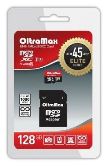 Карта памяти MicroSDXC 128GB OltraMax Class 10 Elite UHS-I (45 Mb/s) + SD ад - фото №5