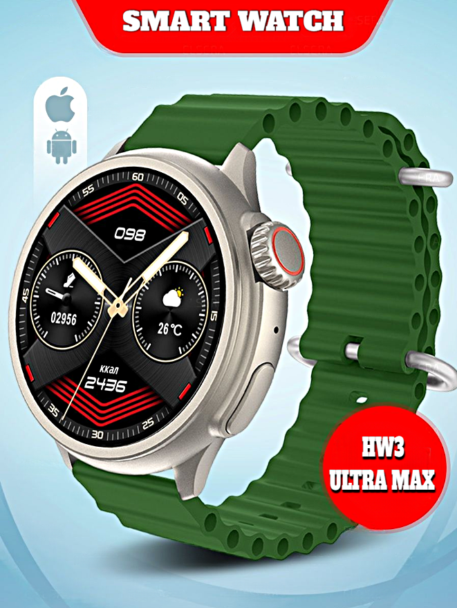 Умные часы HW3 ULTRA MAX Smart Watch 1.52 AMOLED, IP67, iOS, Android, Bluetooth звонки, Уведомления, Шагомер, Зеленый