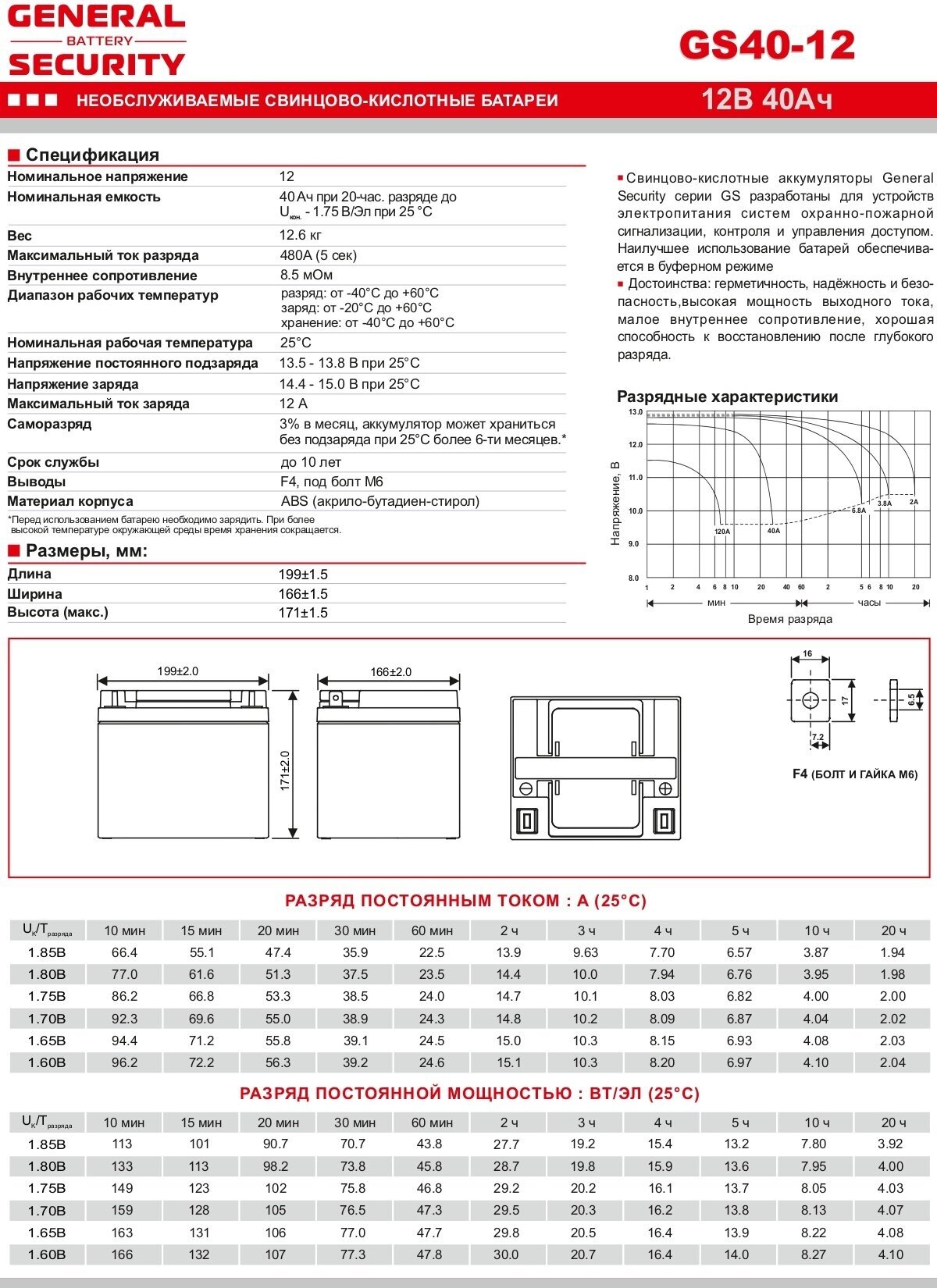 Аккумулятор General Security GS 40-12 (12V / 40Ah) для электротранспорта ИБП аварийного освещения кассового терминала GPS оборудованиям