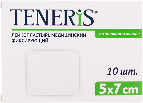 Лейкопластырь Teneris фиксирующий на нетканой основе с подушкой 7х5см 10 шт