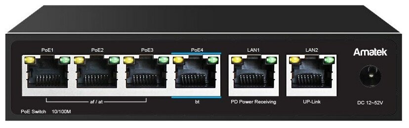 Коммутатор 6-портовый Amatek AN-PE42 100 Мбит/с L2 с HiPoE до 60Вт 7000734