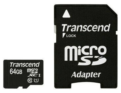 Карта памяти 64Gb MicroSD Transcend + SD адаптер (TS64GUSDU1)