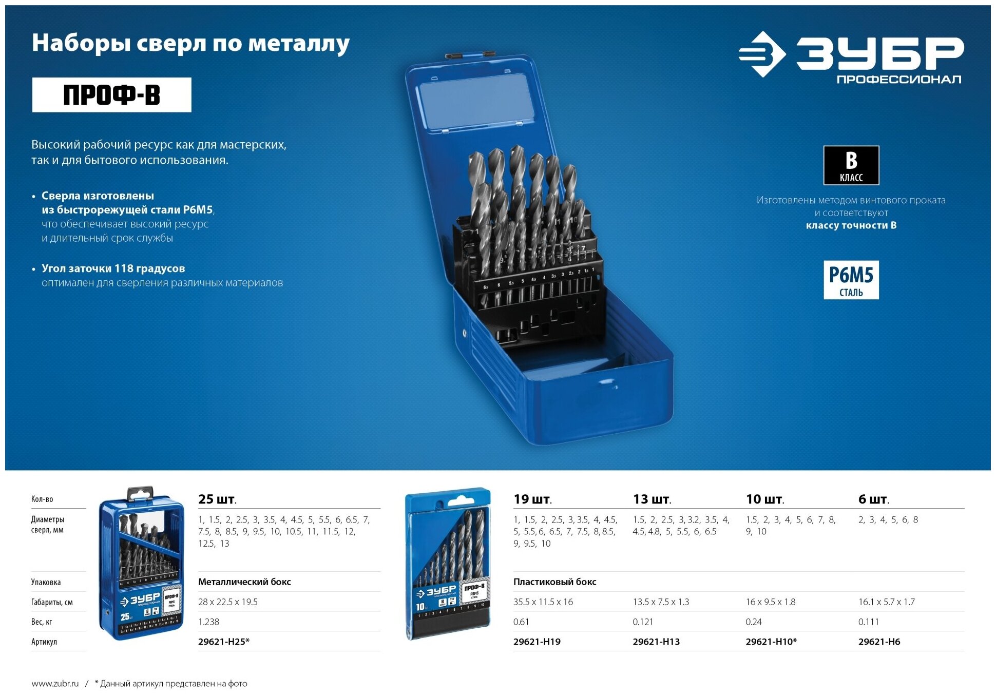 ЗУБР ПРОФ-в 19шт(1-10мм), Набор сверл по металлу, сталь Р6М5, класс В, мет. бокс