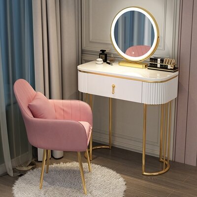 Современный туалетный столик из МДФ с ребристыми боковинами без тумбы с зеркалом, белый (80 см столик + зеркало + розовый стул)