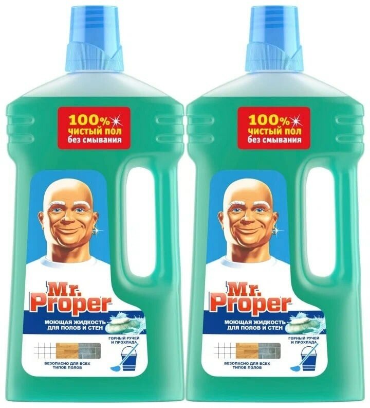 Жидкость средство Mr. Proper для мытья полов и стен горный ручей и прохлада 1 л комплект: 2 упаковки