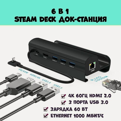 Изображение товара Док станция подставка для Steam Deck зарядное устройство 6 в 1 черная