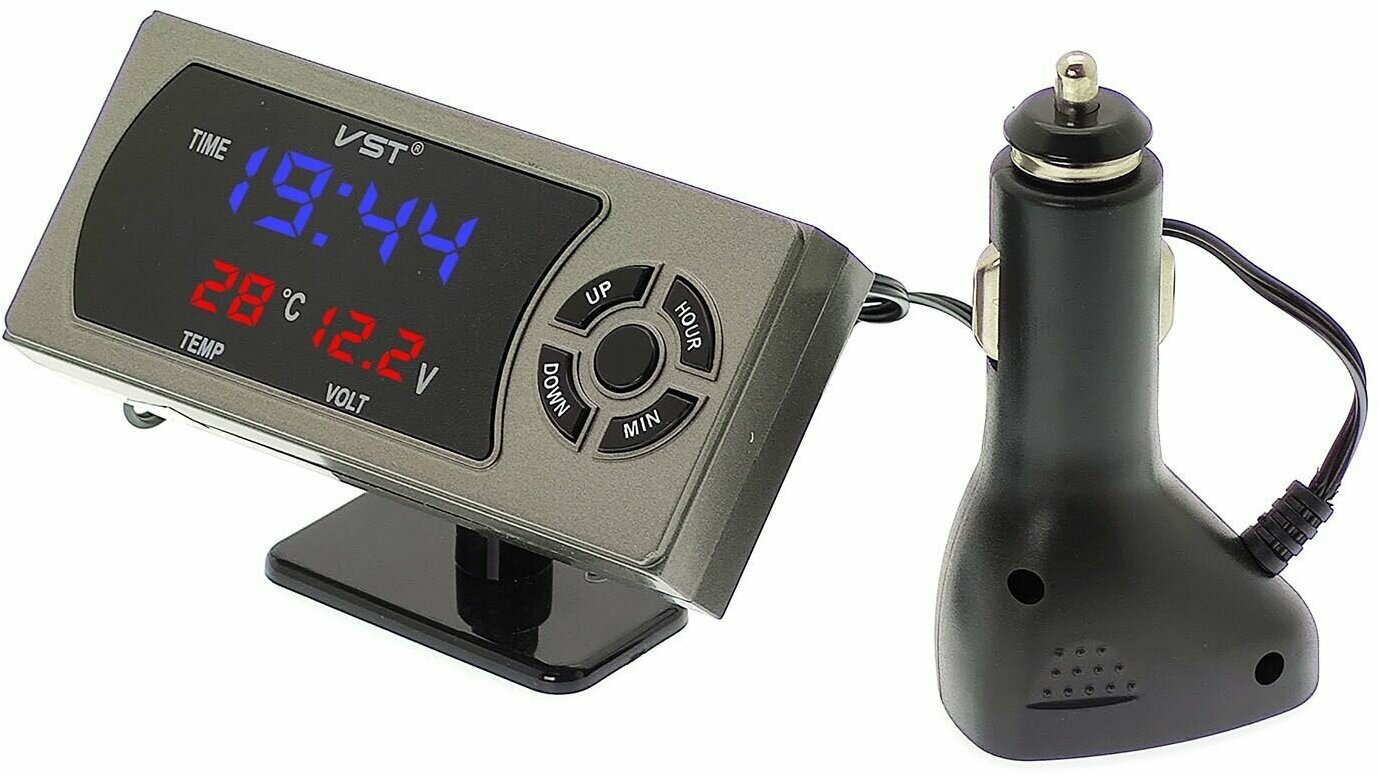 Автомобильные часы с температурой, вольтметр и 2 USB гнезда VST 815