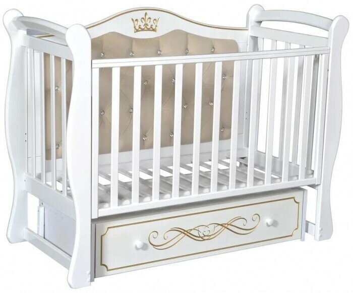 Детская кроватка для новорожденных Антел Джулия 111 мягкая стенка, с универсальным маятником (поперечный/продольный), ящиком, цвет белый