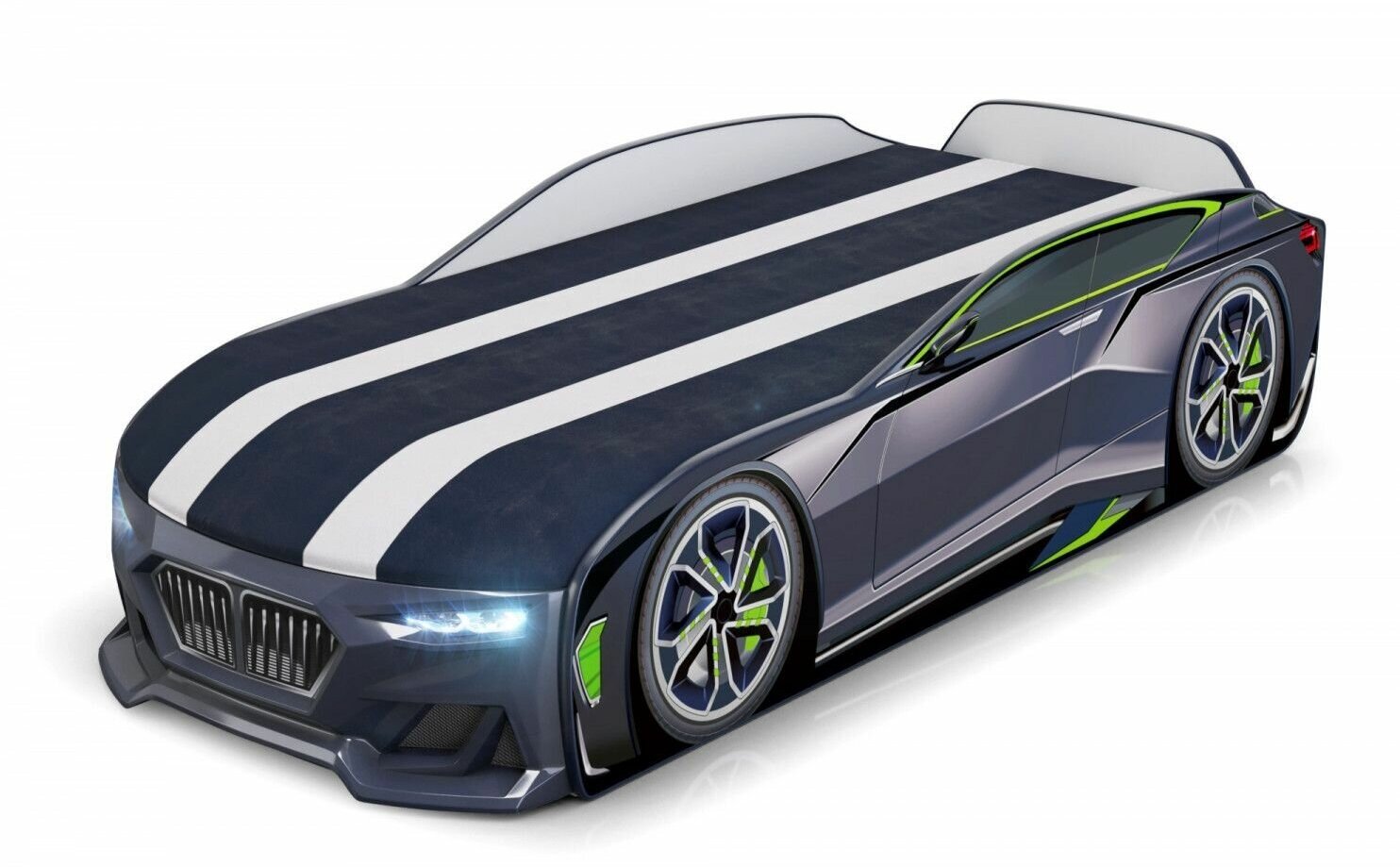 фото Кровать-машина "Boxter New" черная с матрасом, подсветкой фар и вместительным ящиком, спальное место 170х70 см