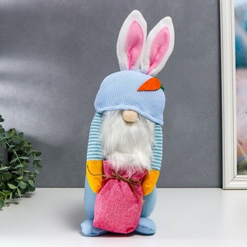Кукла интерьерная Гном в шапке с зайчьими ушами, с мешком голубой 40х14 см шарф 40х14 см белый голубой