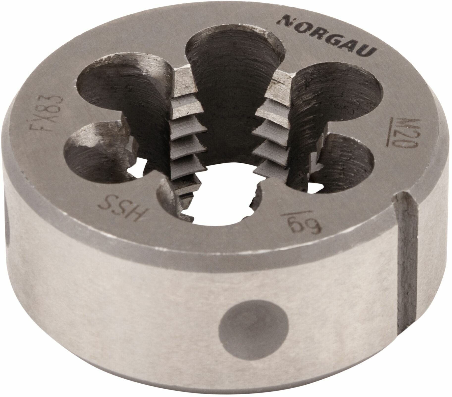 Плашка М20х2.5 мм с поднутрением NORGAU Industrial метрическая для нарезания резьбы с крупным углом профиля 60 по DIN223 HSS диаметр 45 мм