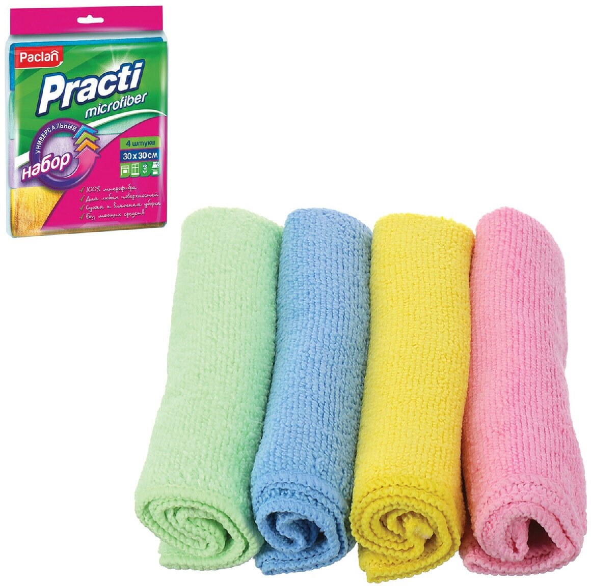Салфетки универсальные, 30х30 см, комплект 4 шт, микрофибра, PACLAN "Practi Microfiber", 410260
