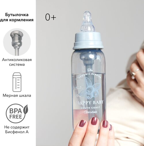 Happy Baby Бутылочка антиколиковая, узкое горло, 250 мл (10015), с рождения, aqua