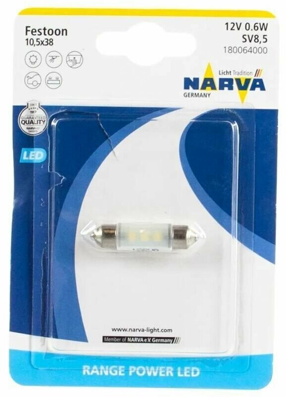 Лампа Narva 12-0.6 Вт. Festoon LED 4000К SV8.5, в виде предохранителя 18006/180064000