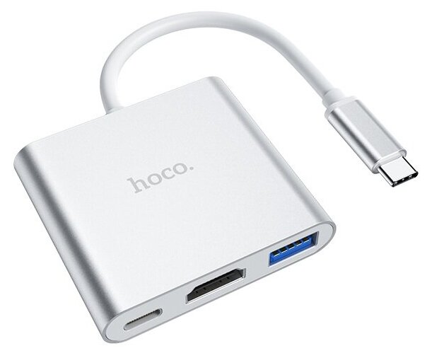 USB-концентратор HOCO HB14, Easy, USB 3.0, HDMI, Type-C+PD, алюминий, кабель Type-C, серый
