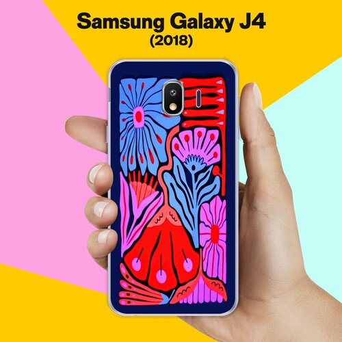 Силиконовый чехол на Samsung Galaxy J4 (2018) Цветы на синем / для Самсунг Галакси Джей 4 2018 пластиковый чехол нежные ромбики на samsung galaxy j4 самсунг галакси джей 4