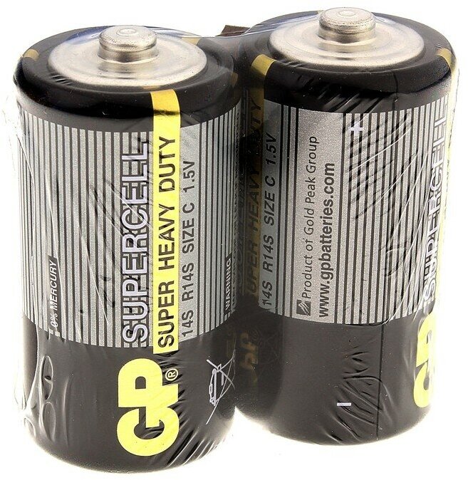 Батарейка солевая GP Supercell Super Heavy Duty, C, 14S / R14, 1.5В, спайка, 2 шт.