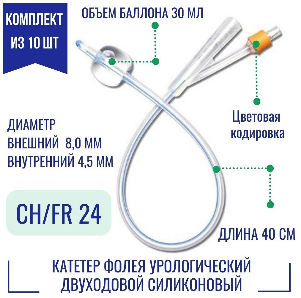 Катетеры урологический Фолея Alba (двухходовые, силиконовые) размер 24 Fr, 40 см, баллон 30 мл (10 шт.)