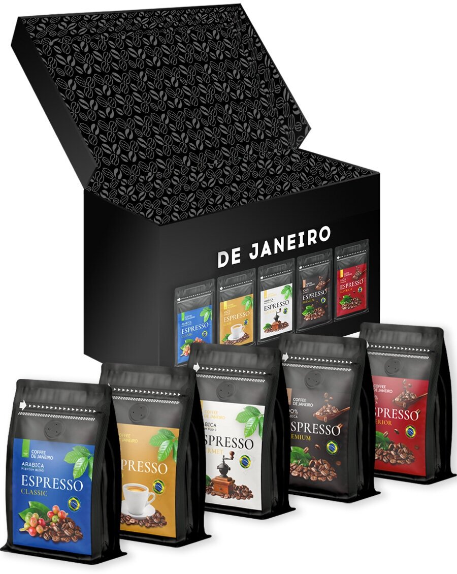 Подарочный набор кофе в зёрнах DE JANEIRO (Де Жанейро), 5 кофейных вкусов, настоящий кофе из Бразилии в зёрнах - фотография № 2