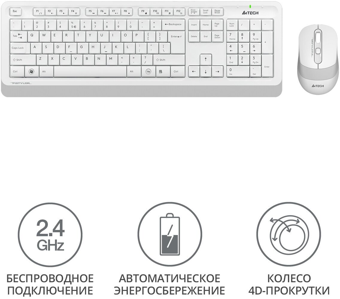 Комплект (клавиатура+мышь) A4 Fstyler FG1010, USB, беспроводной, белый [fg1010 white] - фото №13