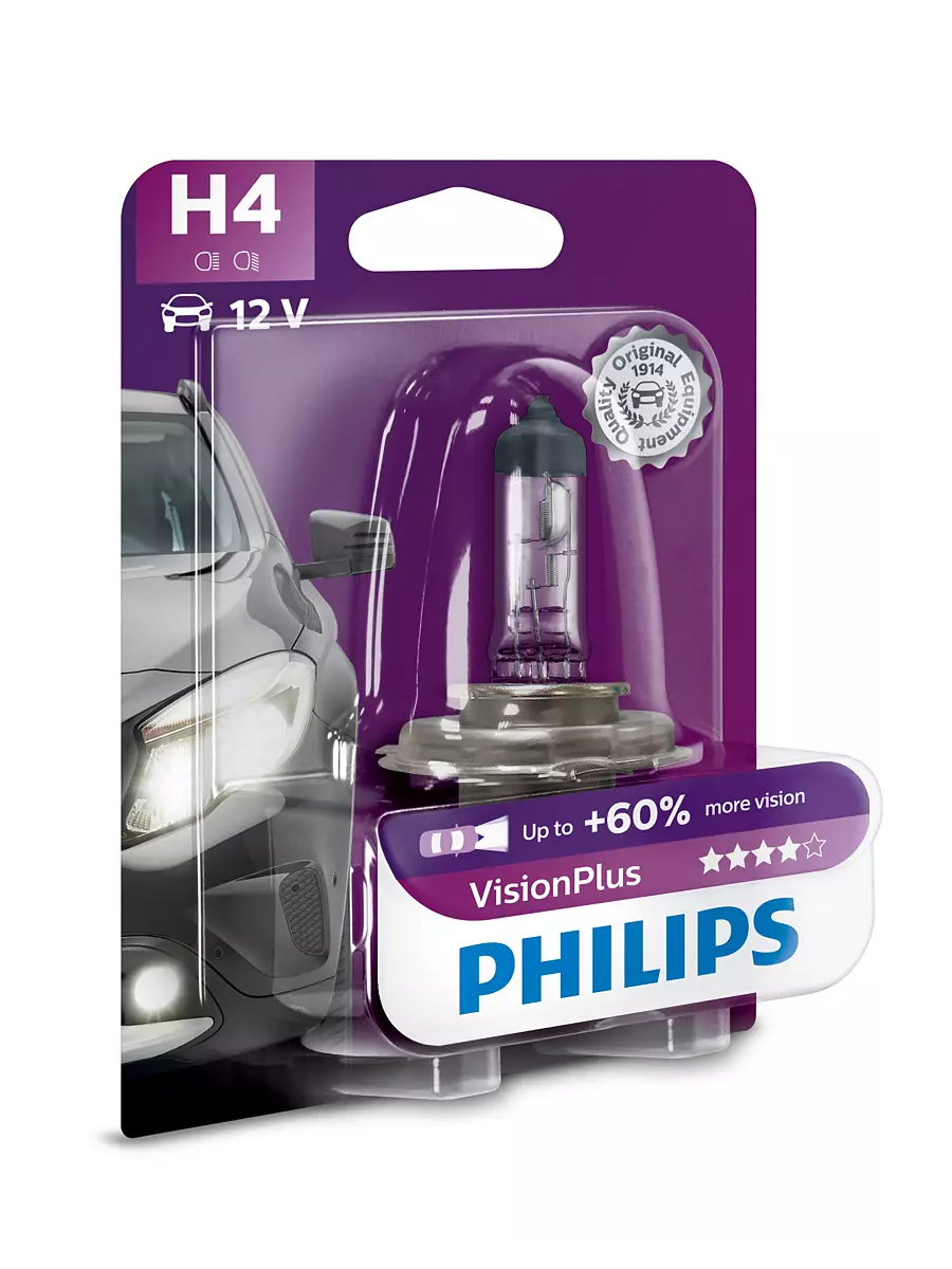 Галогенная лампа Philips H4 (60/55W 12V) +60% VisionPlus (блистер) 1шт