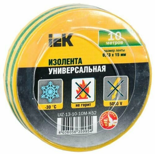 Изолента Iek ПВХ 0.13х15мм (рул.10м) желт./зел, UIZ-13-10-10M-K52