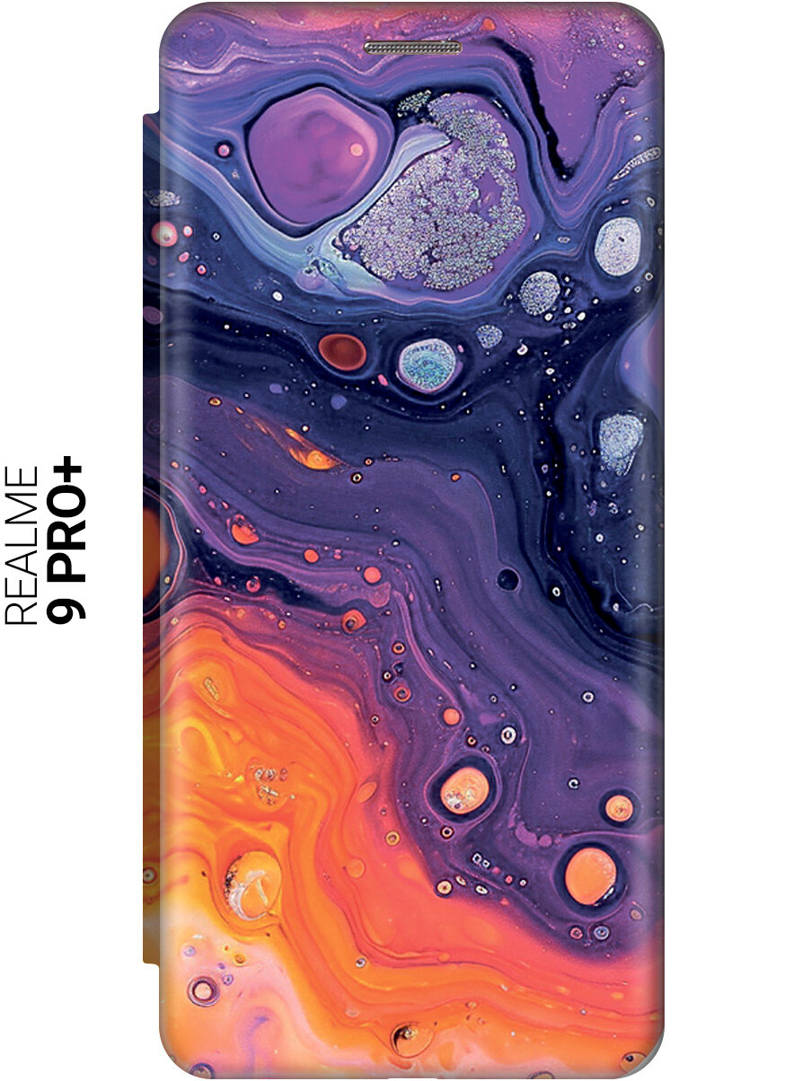 Чехол-книжка на Realme 9 Pro+ с принтом "Фиолетовые разводы" золотой