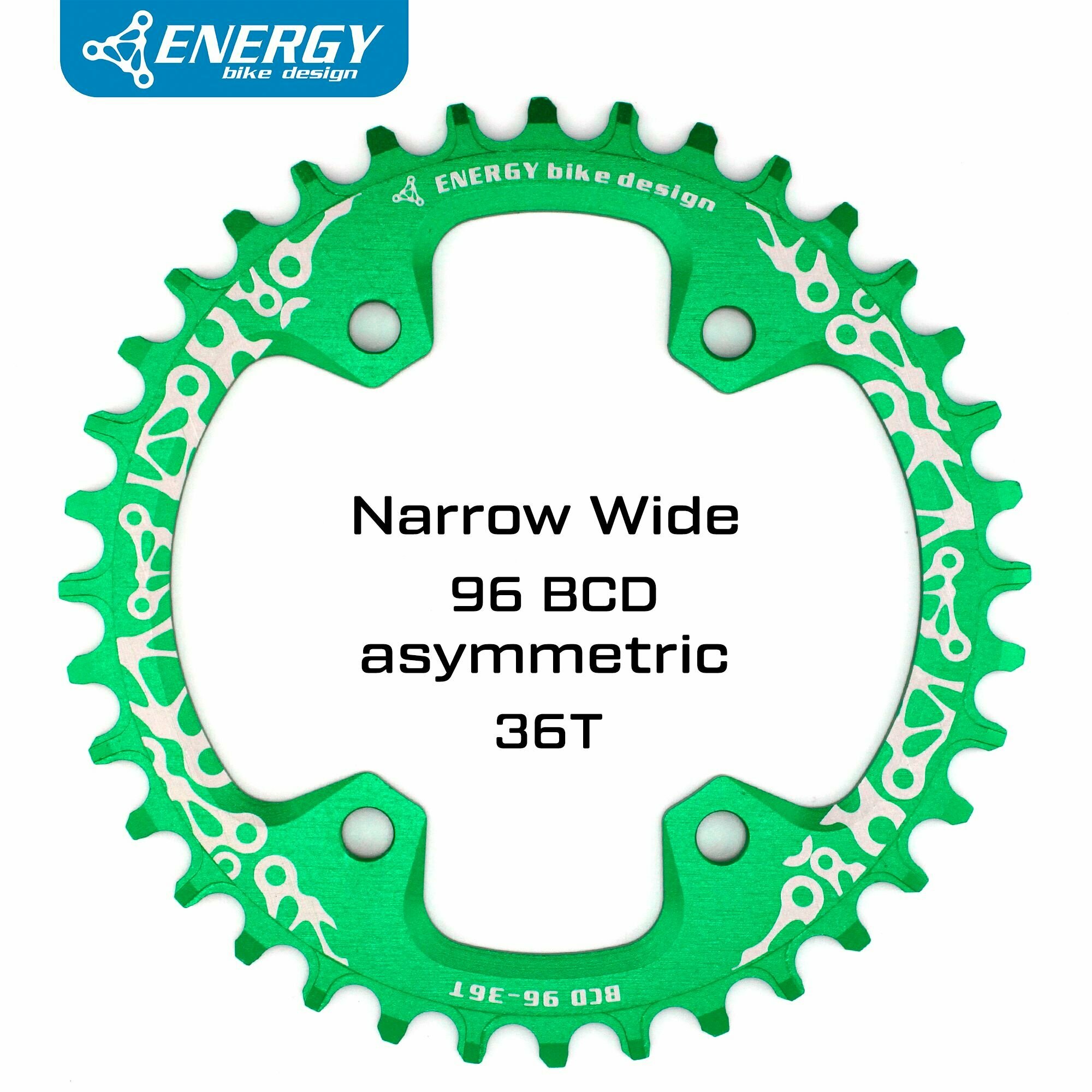 Звезда велосипедная Energy LOGO Narrow Wide BCD96 ASYM, 36T, зеленая