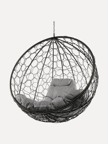 Изображение товара Подвесное кресло круг (без стойки), с ротангом черное, серая подушка