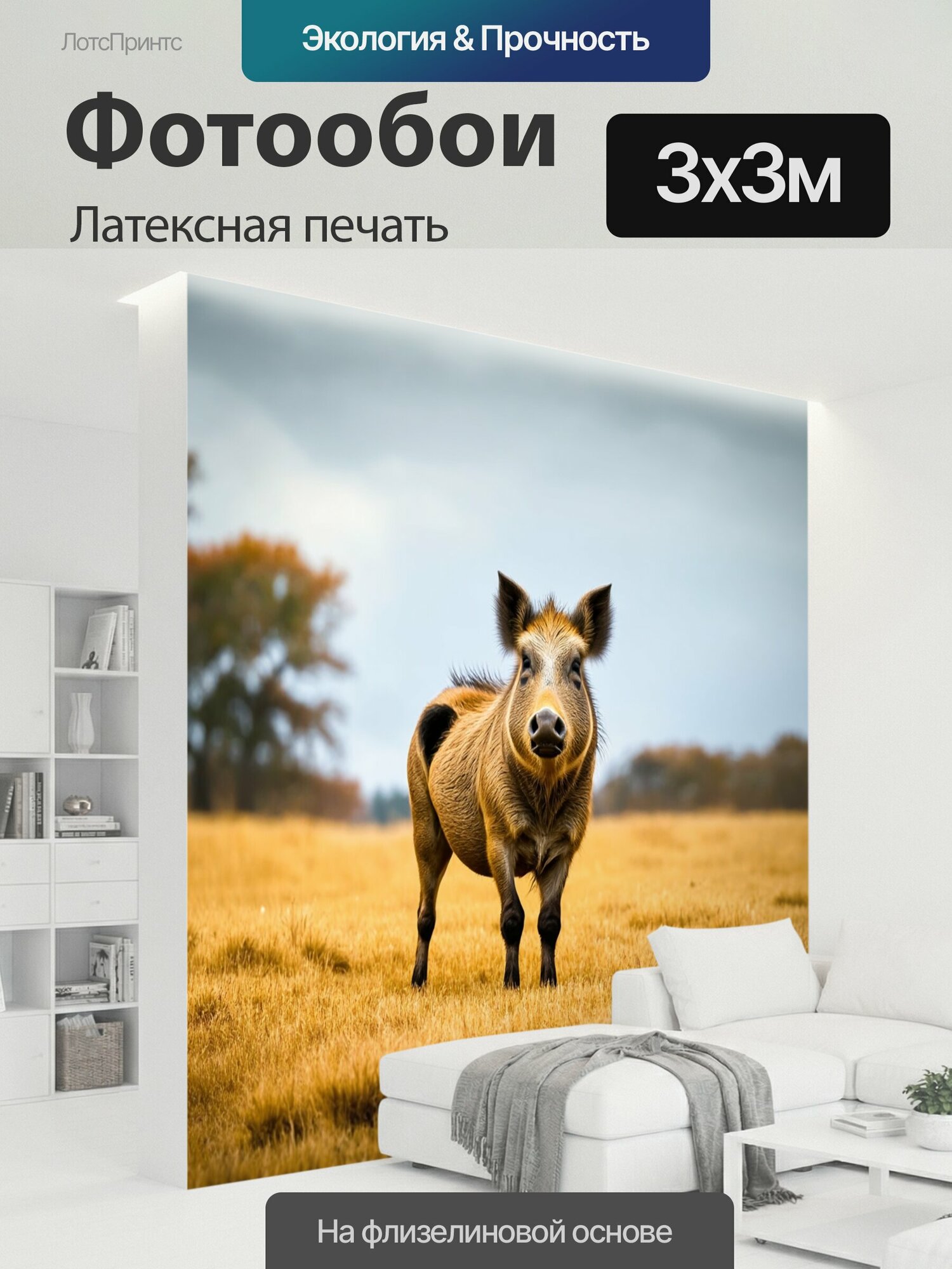 Фотообои моющиеся ударопрочные "Кабан стоит в полях, окружённых желтой травой. На фоне виднеются размытые деревья и легкая облачность на небесах." 300x300 см. латексная печать
