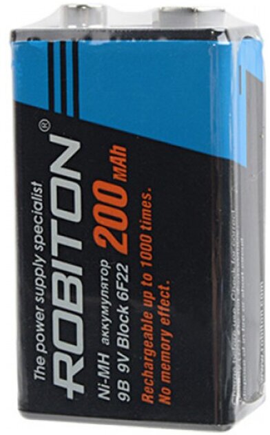 Ni-Mh аккумулятор ROBITON 200MH9 SR-1 13562, 9В, 200мАч, размер Крона, металлогидридный, 1шт в упаковке