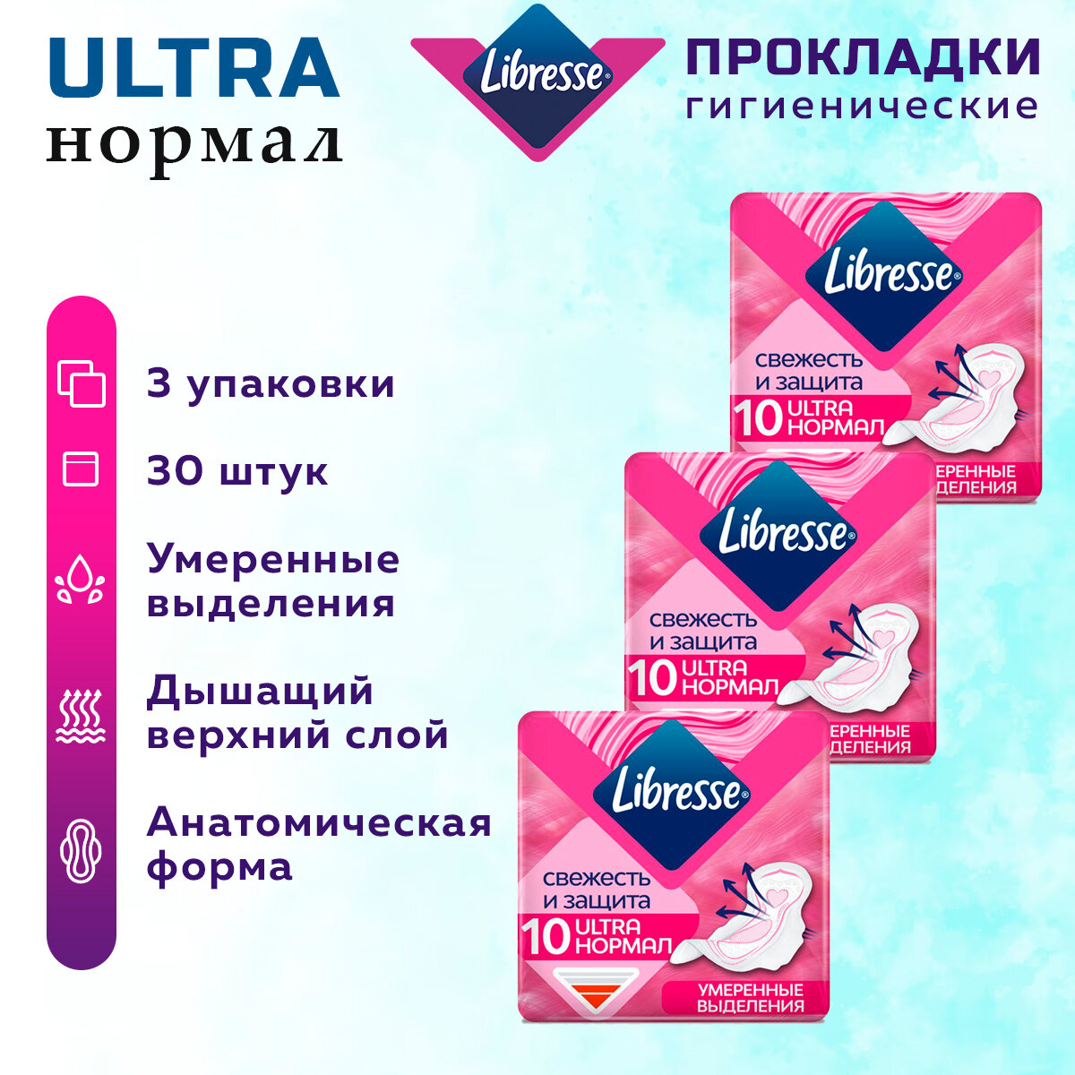 Прокладки женские LIBRESSE Ultra Нормал 30 шт. 3 упак.