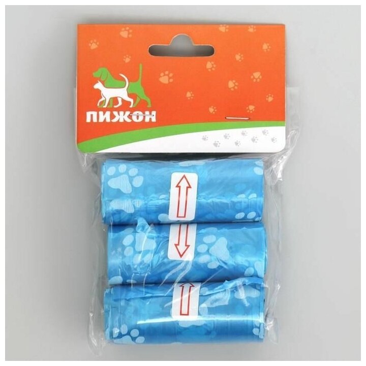 Пакеты для уборки за собаками с печатью (3 рулона по 15 пакетов 29х21 см), синие, 1 набор