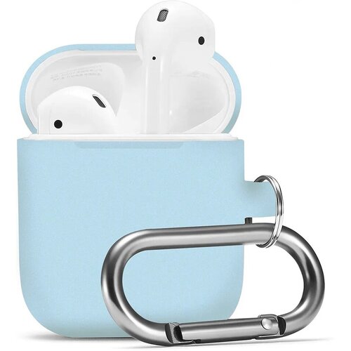 Силиконовый чехол на беспроводные наушники Apple AirPods 1 и 2 с карабином / Противоударный чехол для кейса на Эпл Аирподс 1 и 2 / Небесно-голубой