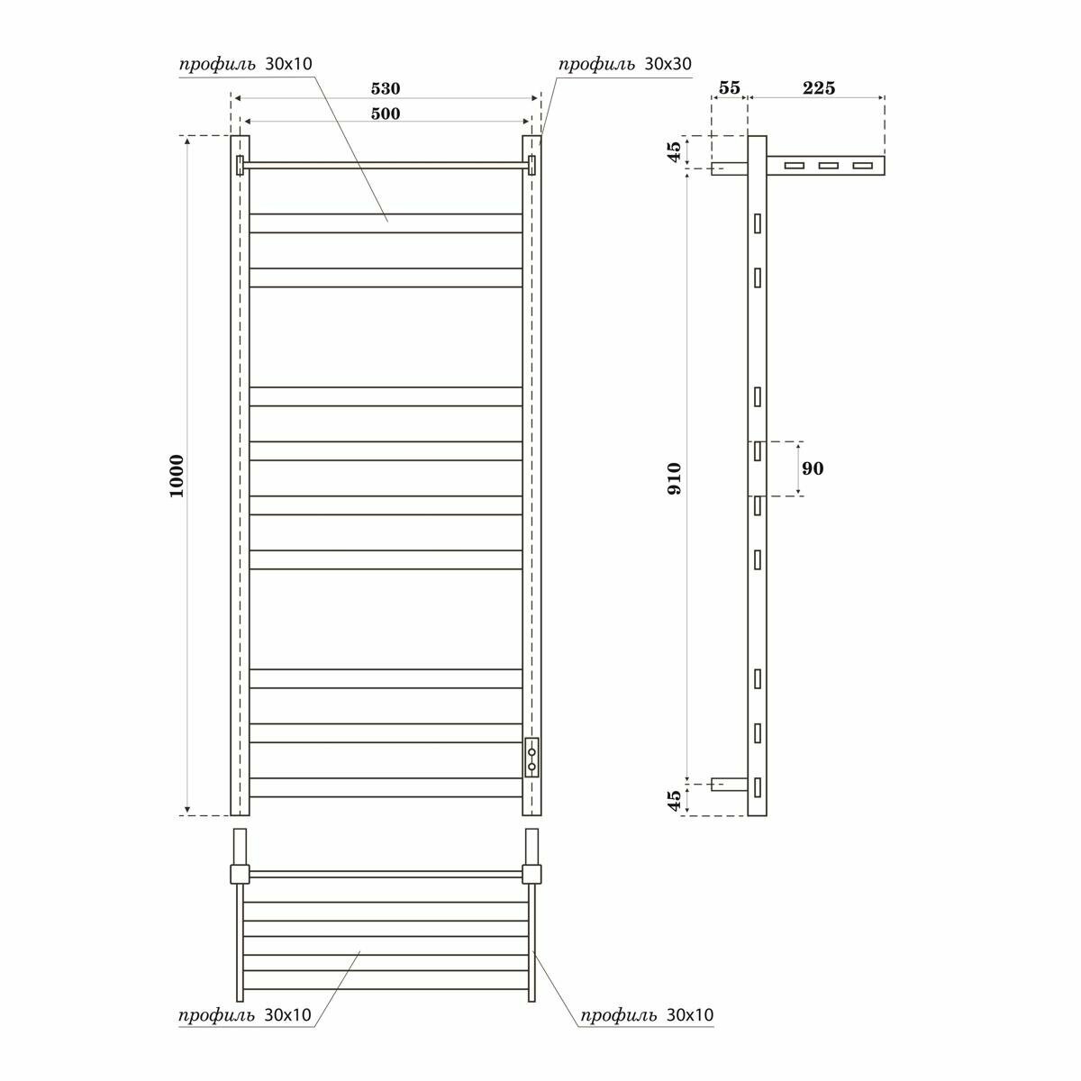 Полотенцесушитель электрический Point Меркурий PN83850PB П9 500x1000 с полкой, диммер справа, черный - фотография № 2