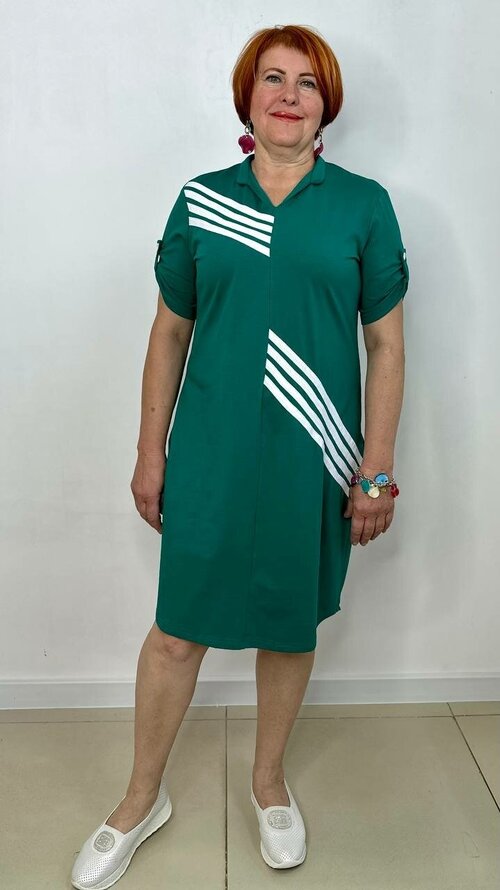 Платье-поло хлопок, полуприлегающее, до колена, размер 58, зеленый