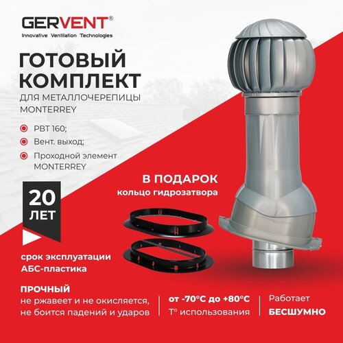 GERVENT, Комплект вентиляции для металлочерепицы Monterrey + кольцо гидрозатвора, серебряный