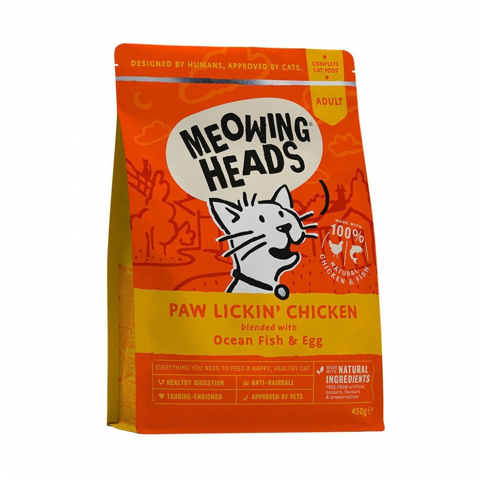 Meowing Heads Paw Lickin’ Chicken сухой беззерновой корм для взрослых кошек с курицей и рисом - 450 г