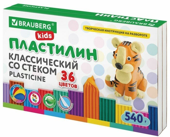 Пластилин классический BRAUBERG KIDS, 36 цветов, 540 грамм, стек, высшее качество, 106678