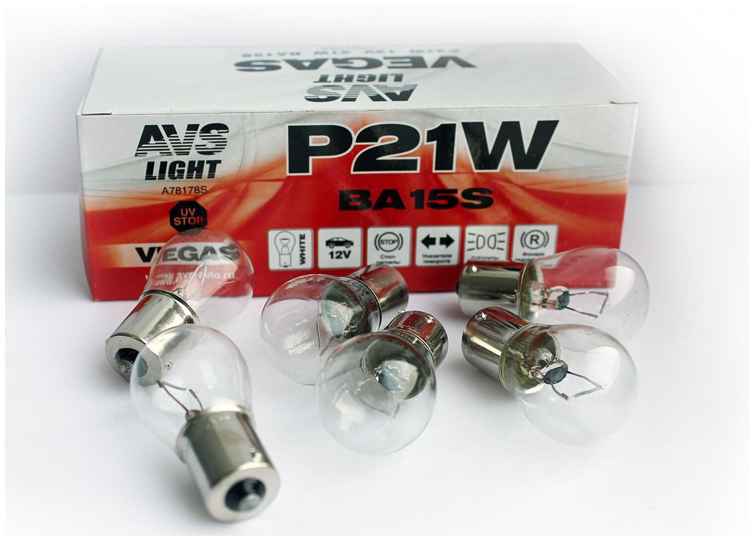 Лампа AVS Vegas 12V. P21W(BA15S) BOX 10шт.