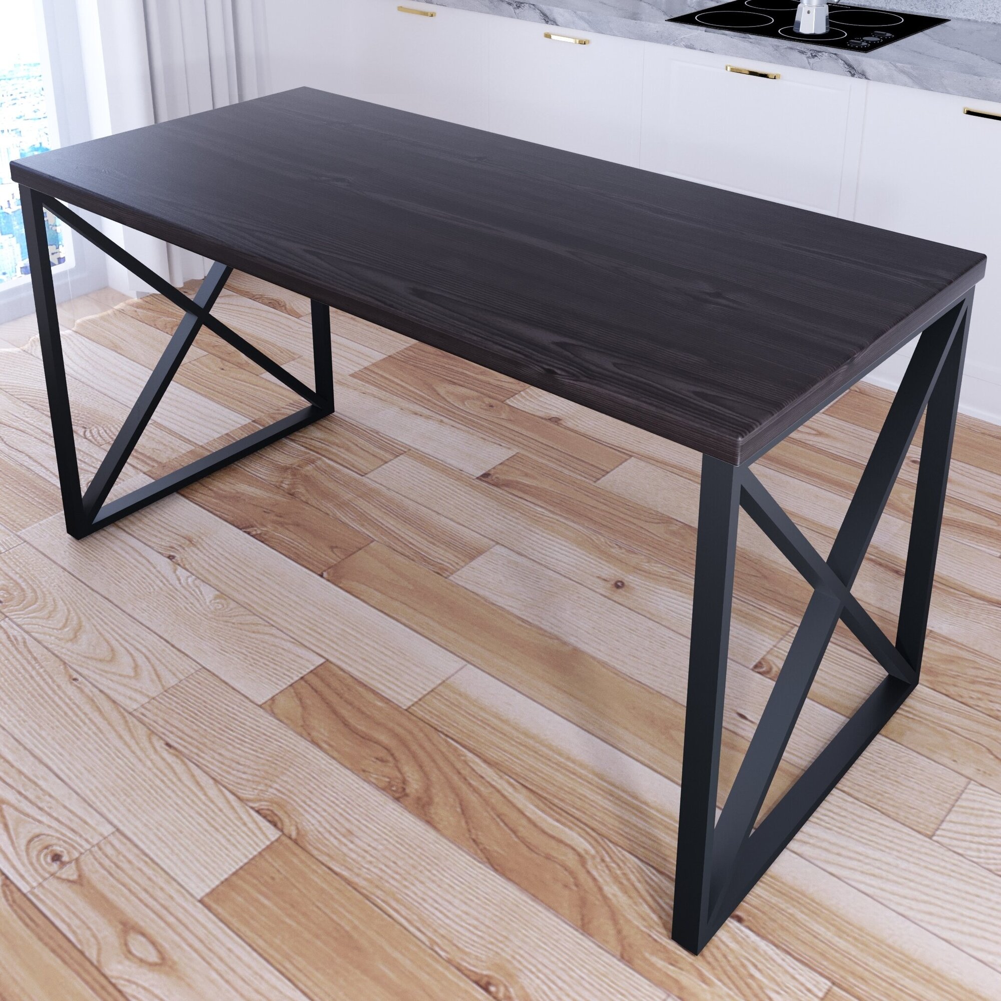 Стол кухонный Loft со столешницей белого цвета из массива сосны 40 мм и черными металлическими крестообразными ножками 130х70х75 см