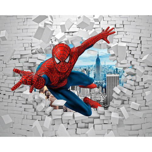 Моющиеся виниловые фотообои Человек-паук. Сквозь стену 3D детские, 300х240 см