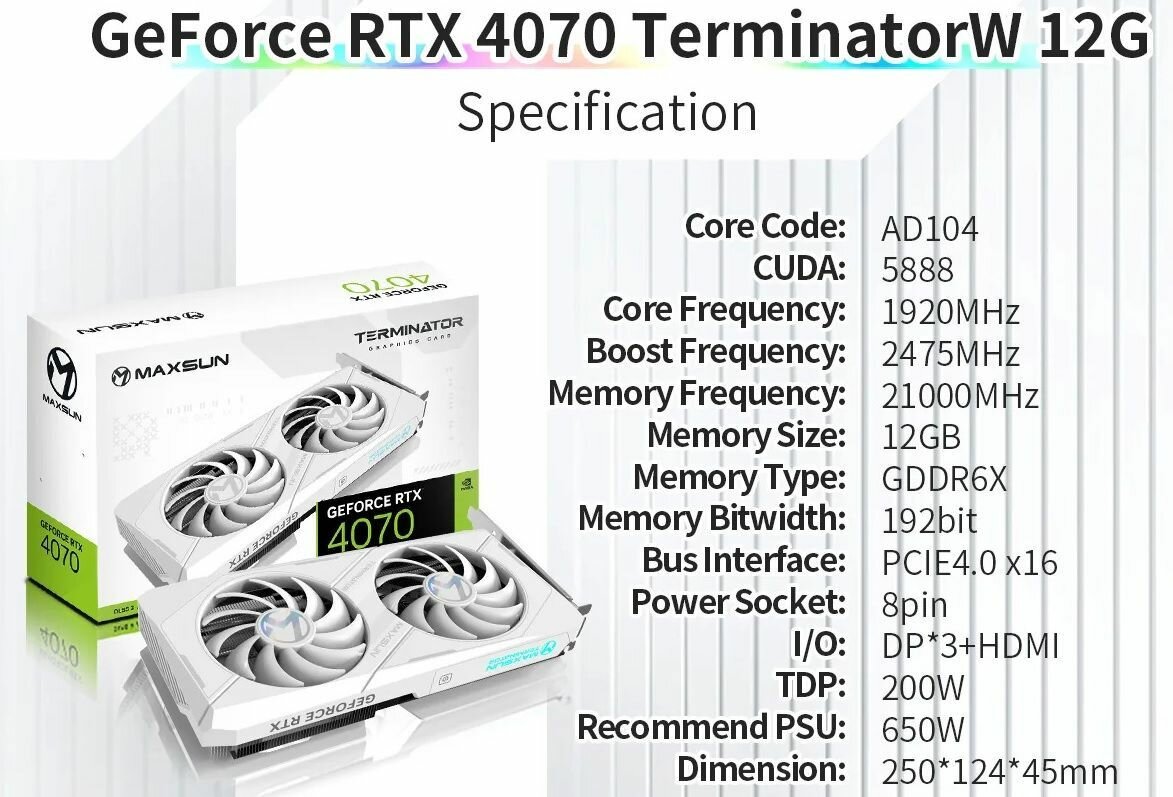 Видеокарта Maxsun GeForce RTX 4070 Terminator W 12 ГБ