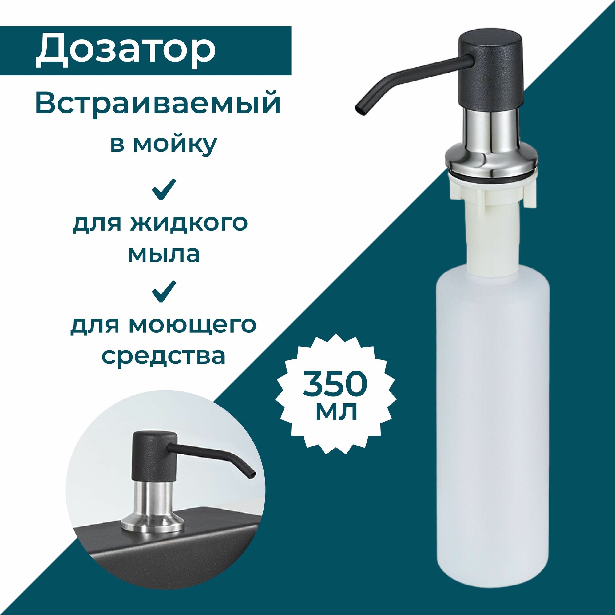 Дозатор для жидкого мыла Диспенсер для моющего средства на кухню и в ванную Granula 350 мл. Цвет чёрный